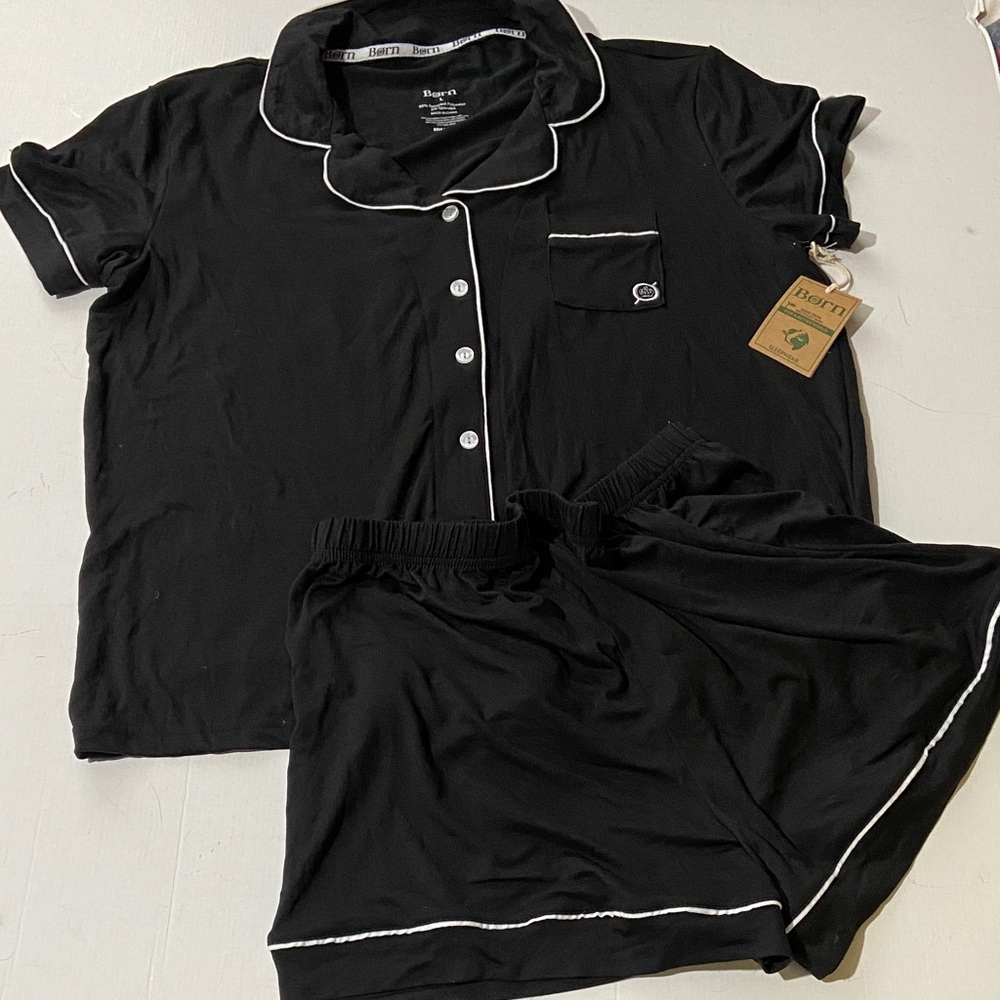 Born Black Pajama Set with White Piping NWT